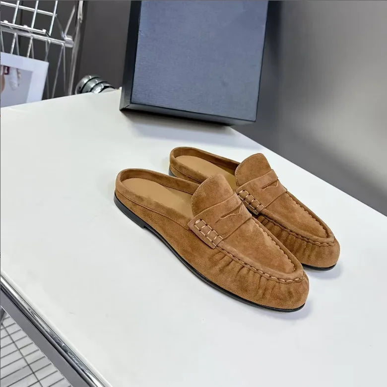 Women's Genuine Leather Loafers Ruched Backless Mules Comfortable Flat Slip-ons Soft Casual Walking Shoes Spring Slides