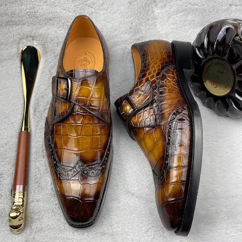 Latest Handmade Formal Shoes for Men Custom Logo Crocodile Leather Office Shoes Monk Strap Luxury Party Wear Dress Shoes Men