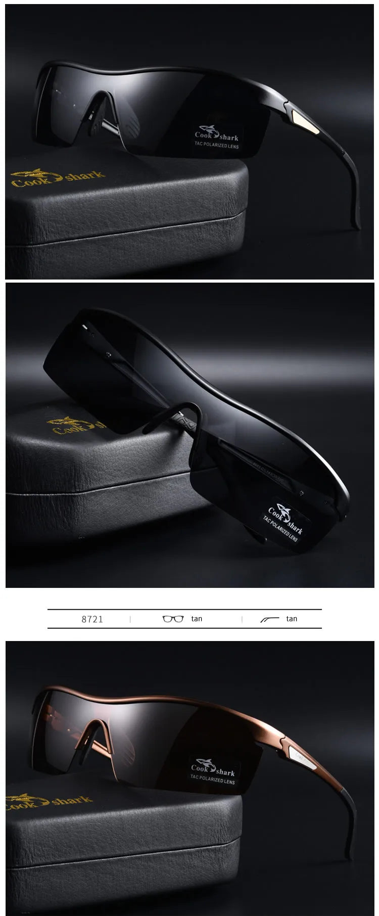 Sport-style wraparound sunglasses with polarized lenses, featuring black or tan frames, displayed with a storage case.