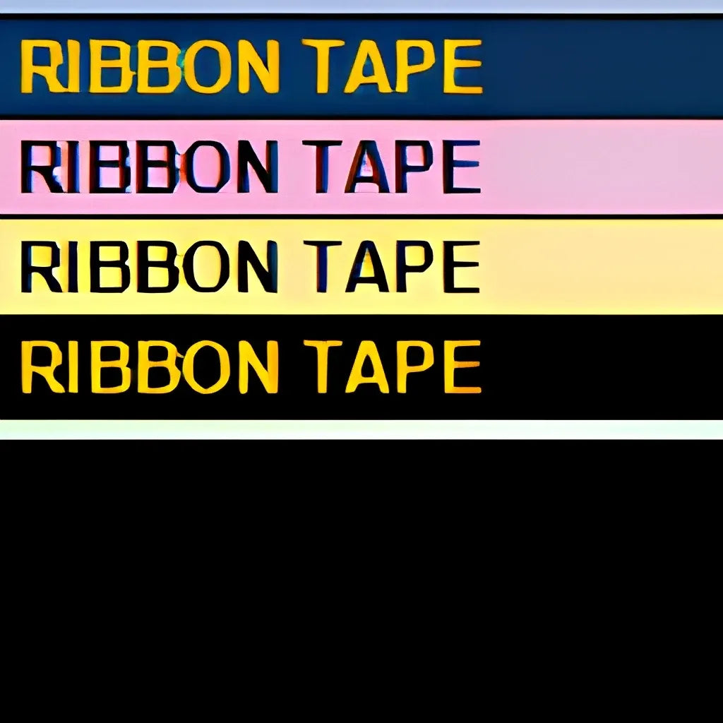 Colorful RIBBON TAPE graphic with repeating text