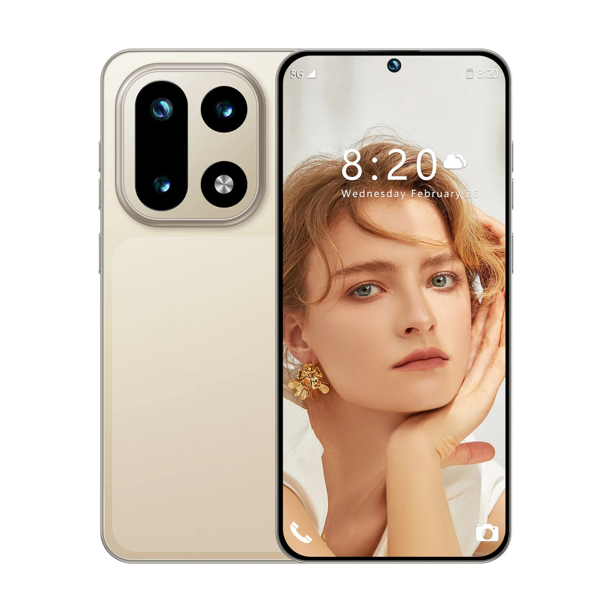 Cream unlocked smartphone with triple rear camera and front portrait display
