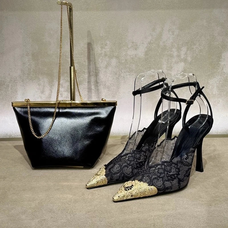 Women's Elegant Black Lace Stiletto Heels Pointed Toe Ankle Strap Metallic Cap Party Wedding Pumps