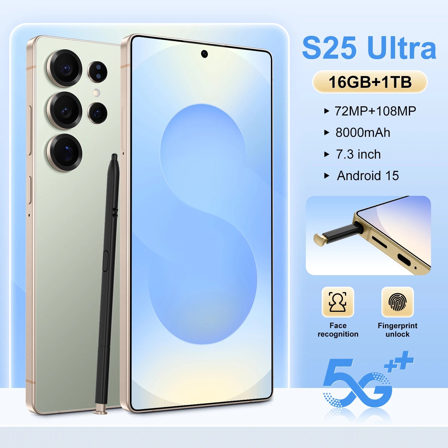Tidesmit S25 Ultra 7-inch 5G smartphone with 108MP camera, 7800mAh battery and built-in stylus in sleek design.
