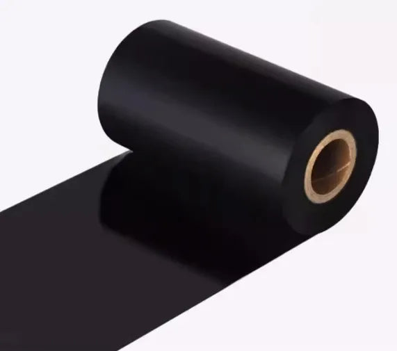 Black wax-based thermal transfer ribbon roll with unspooled strip and inner core