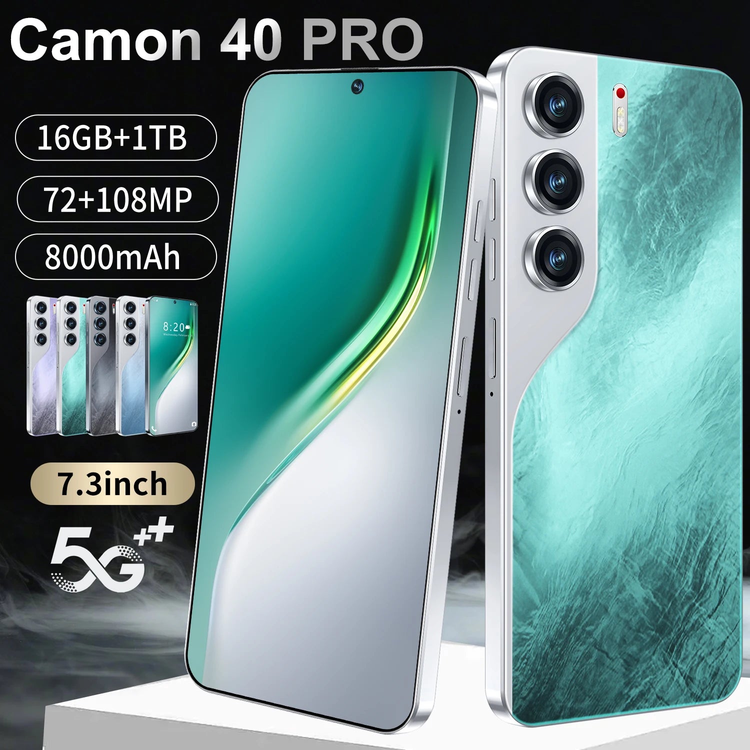 Side view of Camon 40 Pro 5G smartphone showcasing ultra-slim design and high-resolution camera array.