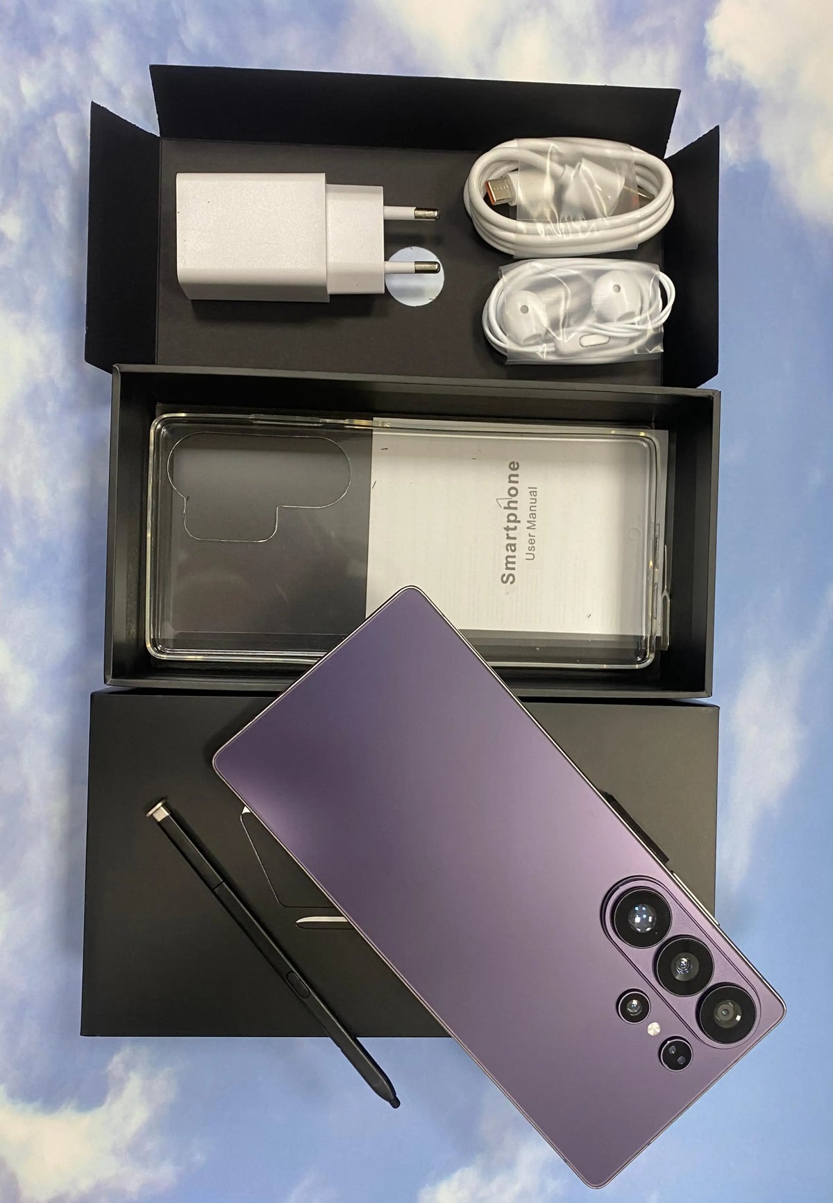 S26 Ultra 5G smartphone with pen, purple back, charging cable and adapter in box