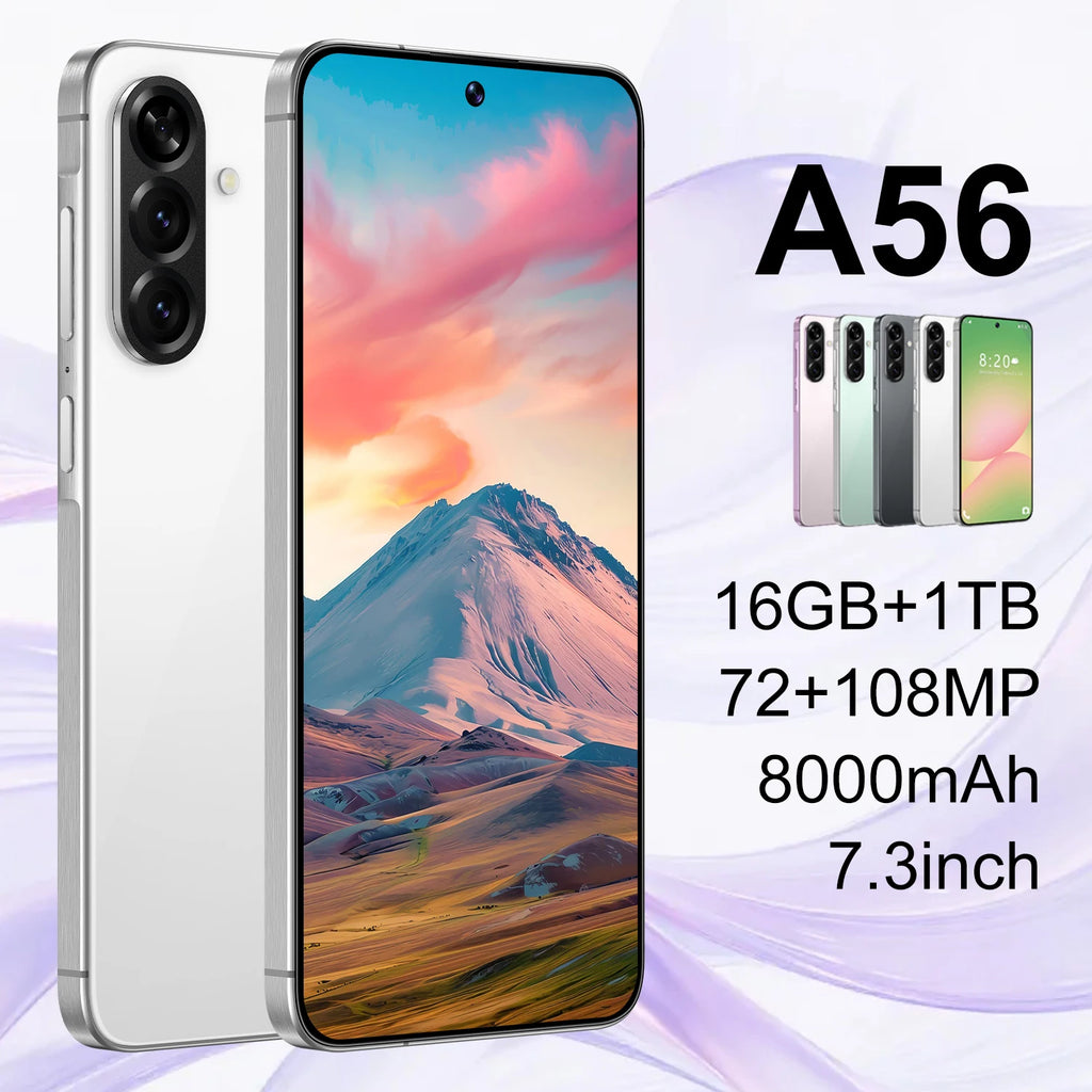 Tidesmit A56 5G smartphone with 7.3 inch HD screen and 108MP camera featuring Android 14 and octa core processor