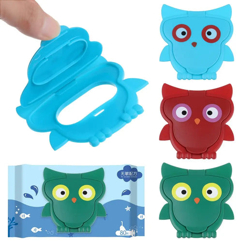 Owl-shaped baby wipe lid, reusable plastic dispenser cover for 80-count baby wipes, assorted colors.