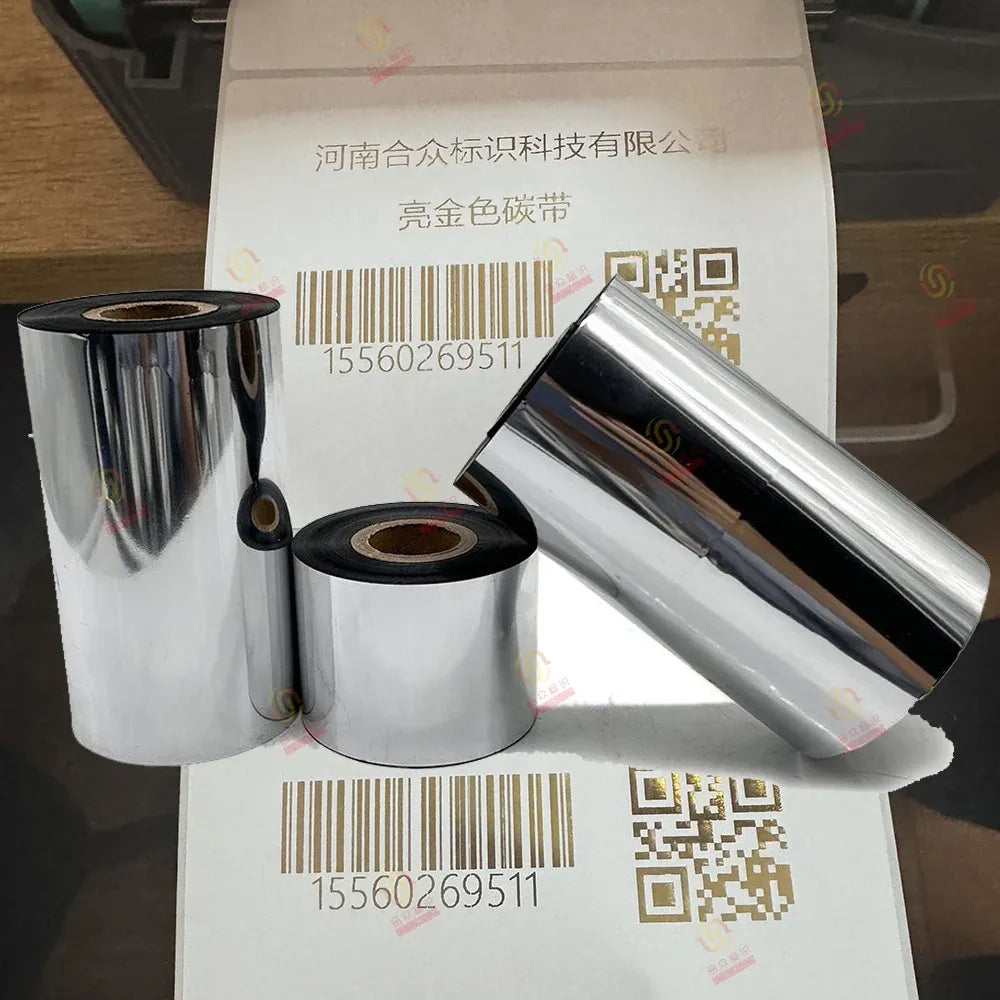 Shiny gold resin wax barcode printer ribbon roll set with barcode labels