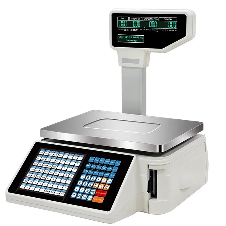 White electronic barcode price weighing scale with large stainless weighing tray