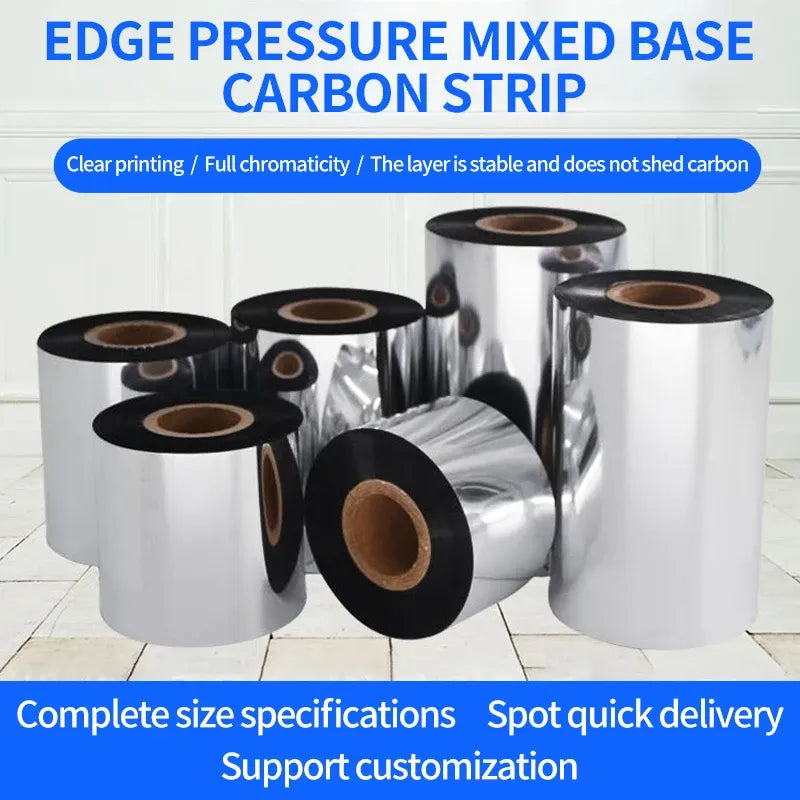 Black thermal transfer ribbon rolls, metallic silver with black cores for thermal transfer printing.