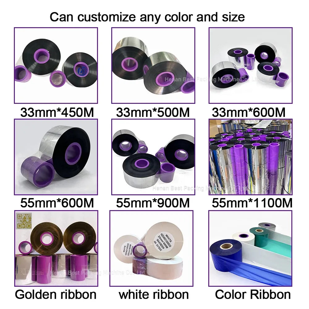 Black and purple wax-resin thermal transfer ribbon rolls in multiple sizes