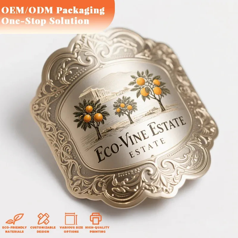 Ornate heart-shaped gold metal bottle label with embossed border and vineyard logo