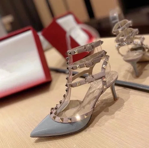 High-heel studded leather women's pumps, painted leather sexy women's sandals