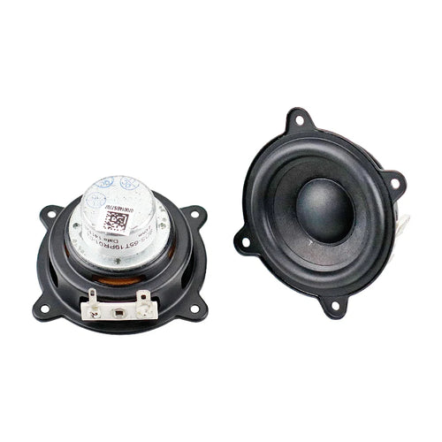 Dual car speaker woofers, black cones with front terminals and mounting holes
