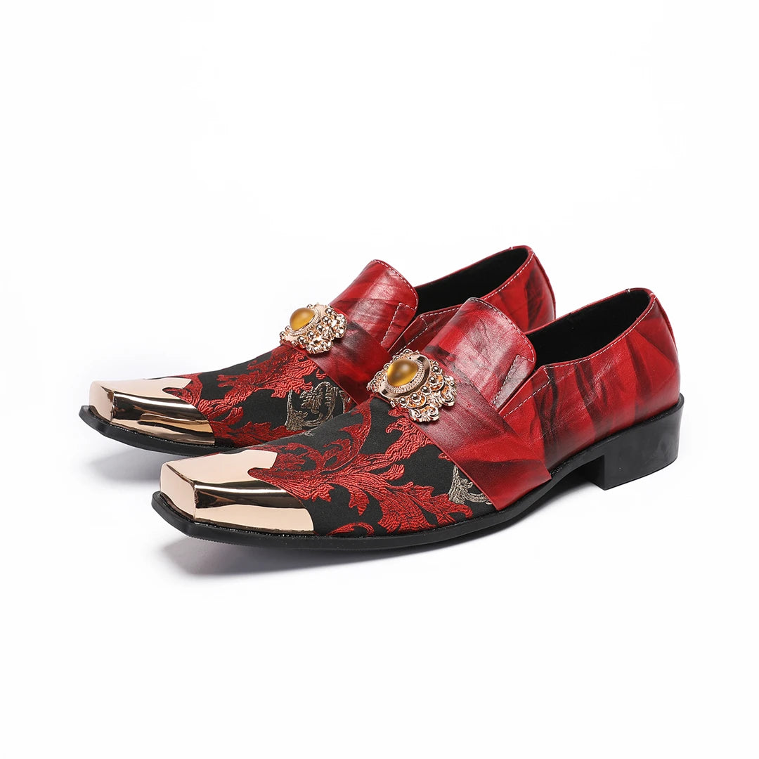 NA886 Men's Luxury Red Dress Shoes Metal Pointed Toe Loafers Wedding Party Formal Leather Shoes for Groom Stage Prom Performance