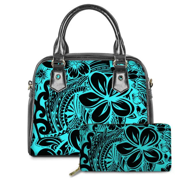 Black and cyan PU leather mini handbag and wallet set with traditional Polynesian floral tribal print.