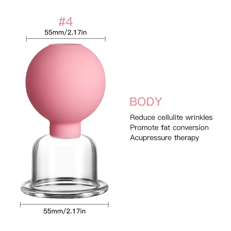 Pink rubber bulb attached to a clear glass suction cup for body cupping therapy, 55mm width label included.