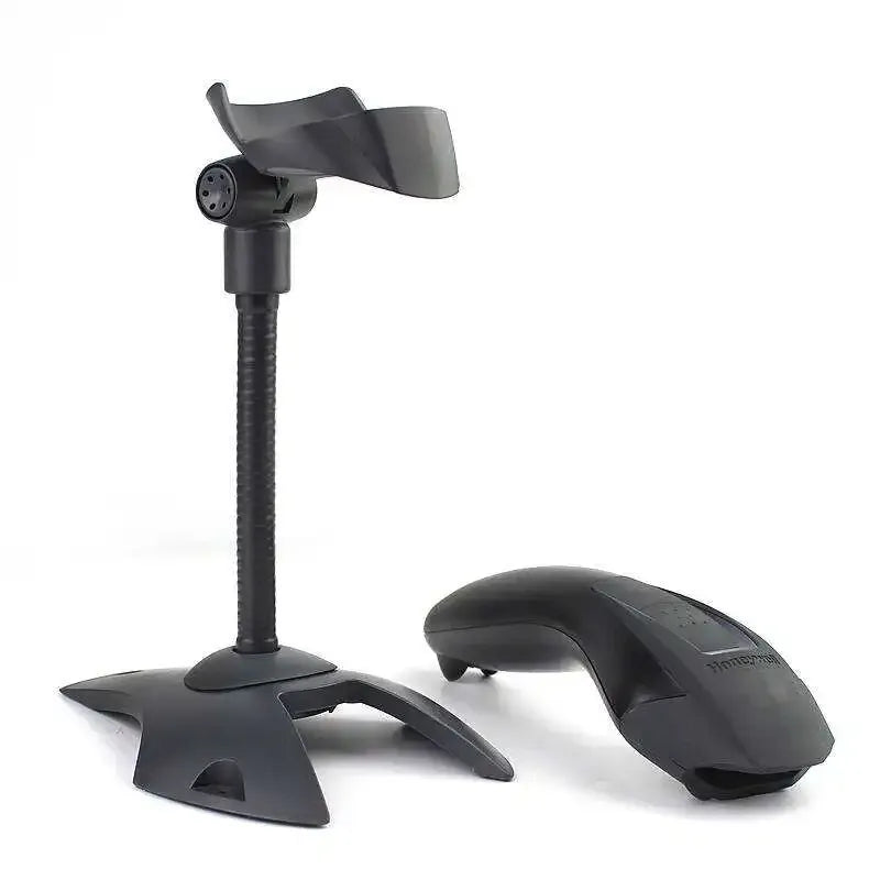 Black barcode scanner stand base with handheld scanner and coiled cable connection
