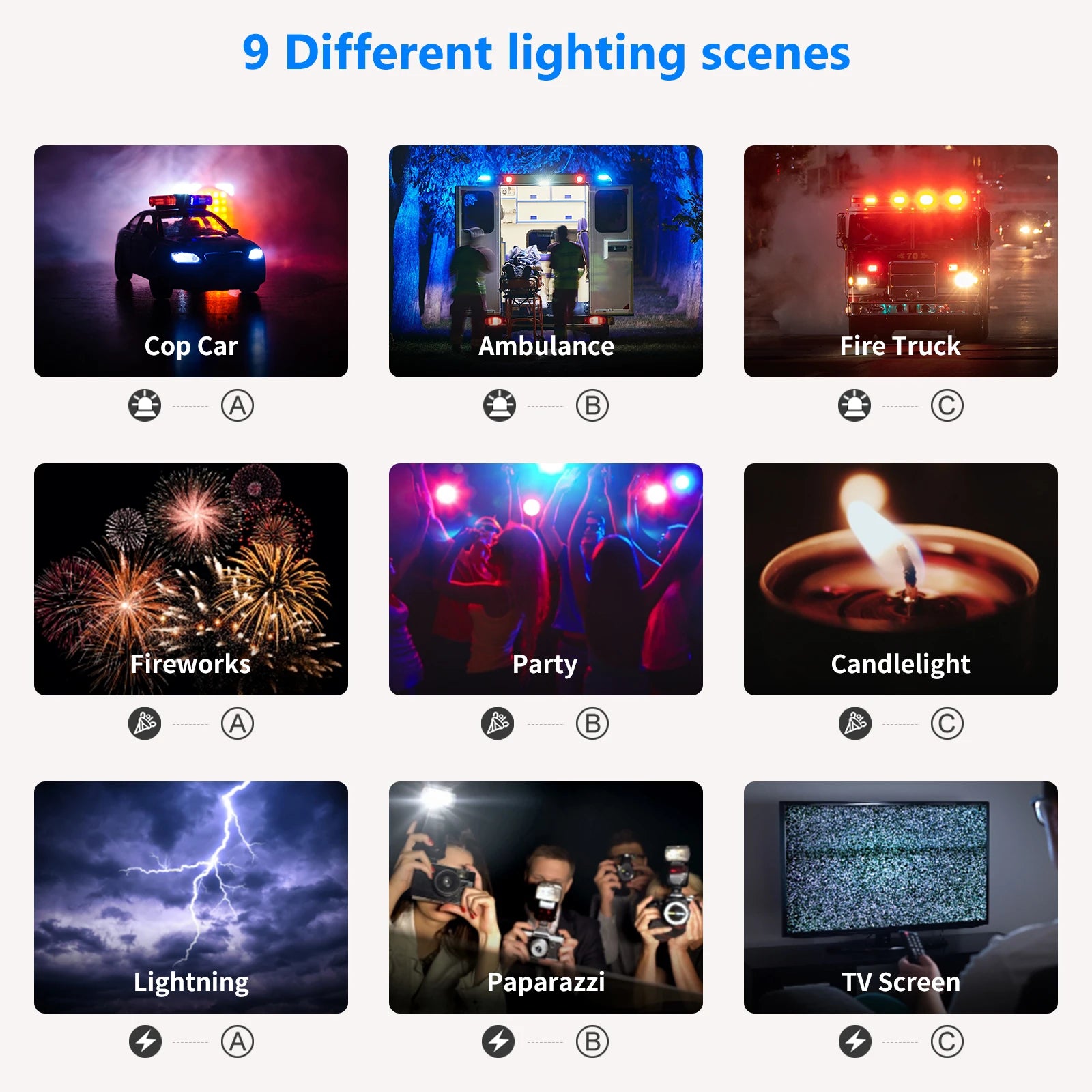 Grid showing nine lighting effects for video: police, ambulance, fire truck, fireworks, party, candle, lightning, flash.