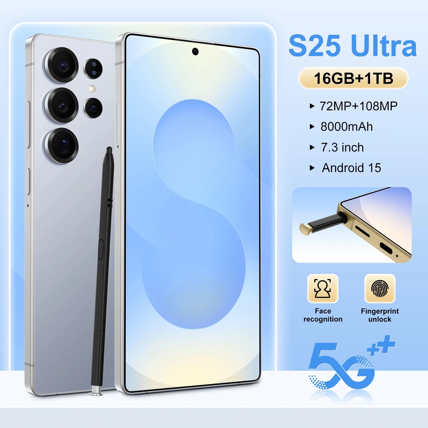 Ultra 5G S25 smartphone with 7.3 inch HD display, 108MP camera, and 8800mAh battery shown in gallery view