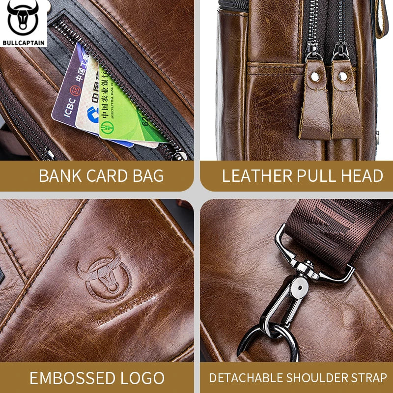 BULLCAPTAIN brown leather men’s chest bag, features card slots, metal zippers, embossed logo, and detachable strap.