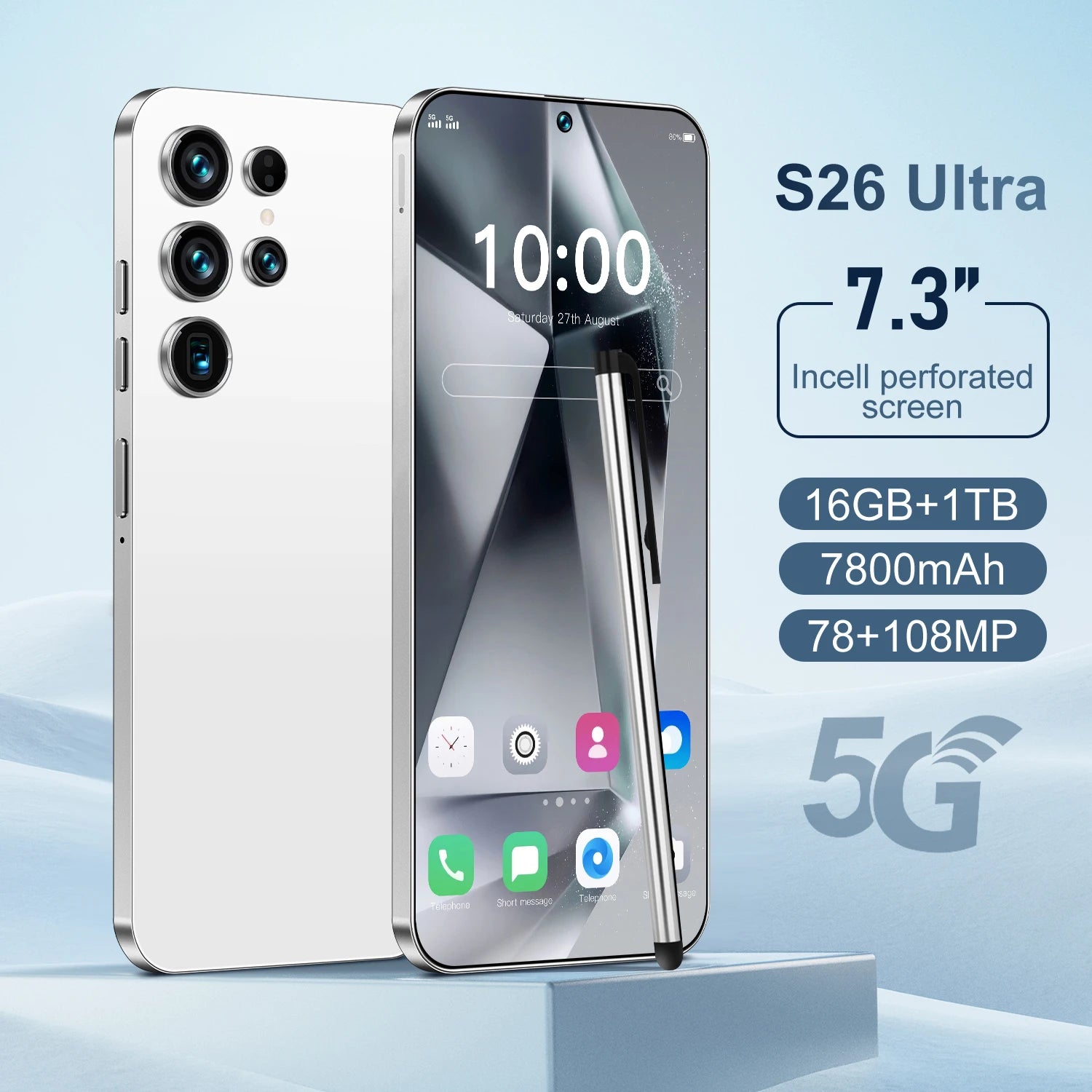 Unlocked S26 ULTRA 5G Mobile Phone 7.3 Inch Screen 108MP Camera 7800mAh Battery Dual Sim 1TB ROM Smart Features - Tidesmit