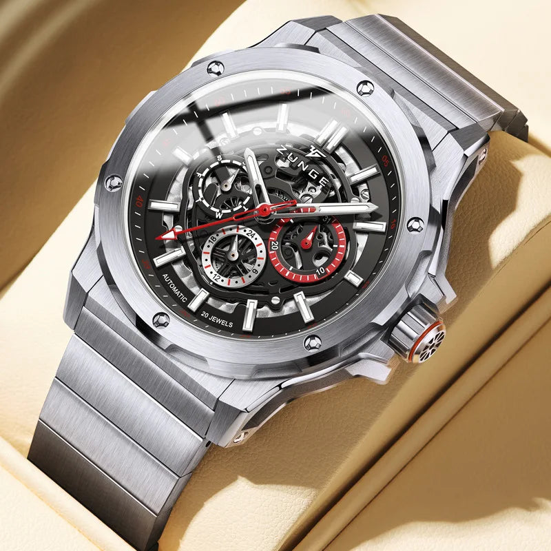 Luxury Fully Automatic Hollow Dial Mechanical Men's Watch Multifunctional Luminous Leather Strap Fashionable Business Watch