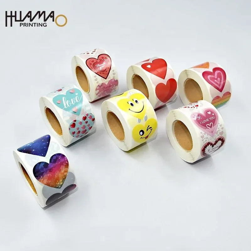 Colorful heart and smile thank-you sticker roll, assorted designs, waterproof vinyl