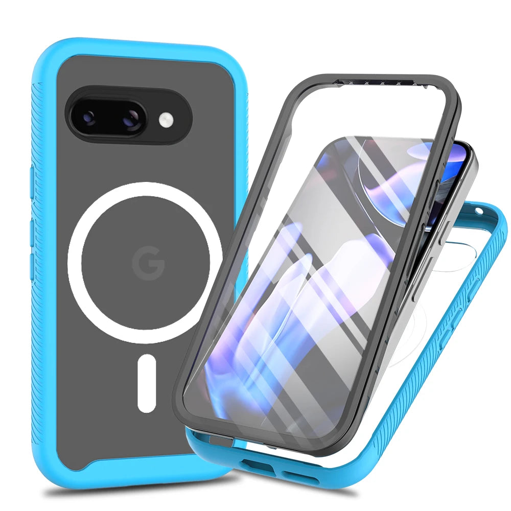 360 Full Body Protective Cover for Google Pixel 8A 9A 8 9 Pro XL PC PU Leather Screen Protector Wireless Charging Compatible Blue OPP Bag Tidesmit