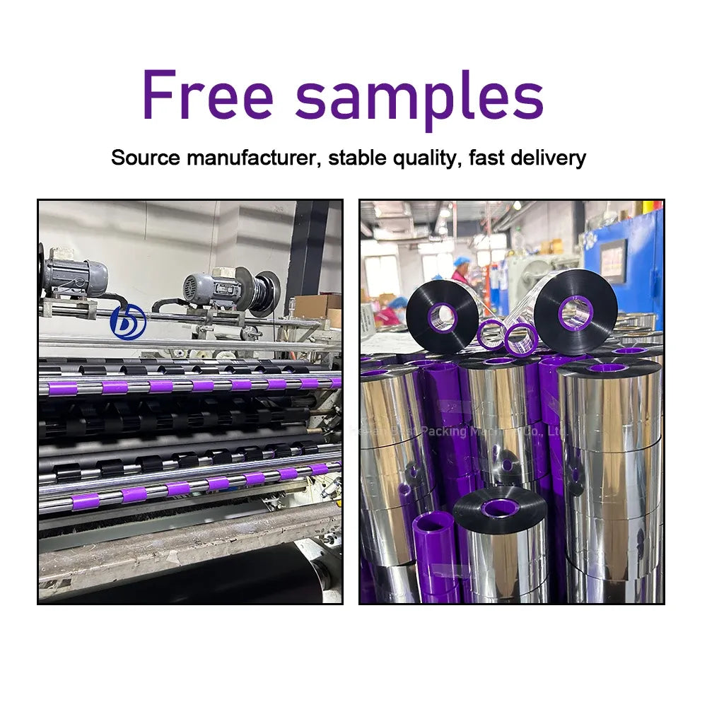 Black wax-resin thermal transfer ribbon sample rolls on machine spools with purple cores