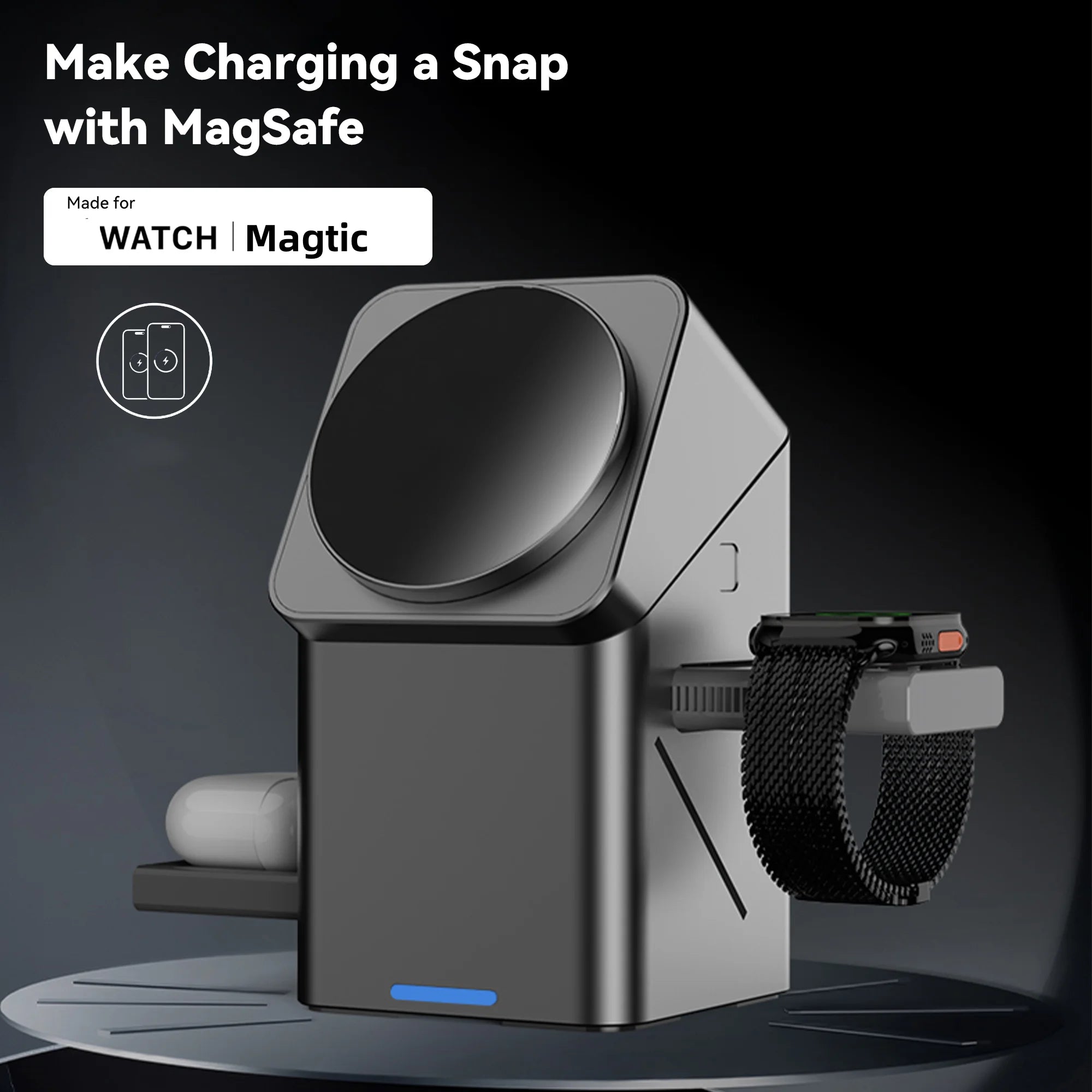 Desktop Universal 15W Fast Charging Cellphone Holder Portable Multifunctional Foldable Magnetic 3 in 1 Wireless Charger Station Tidesmit