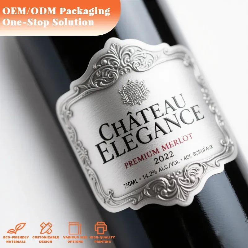 Luxury metal label sticker, embossed border with CHATEAU ELEGANCE and 2021 MERLOT