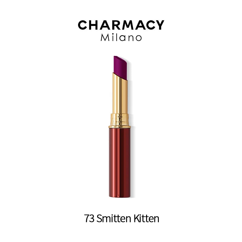 Charmacy long-lasting velvet matte lipstick in 73 Smitten Kitten: a deep purple waterproof lip makeup stick.