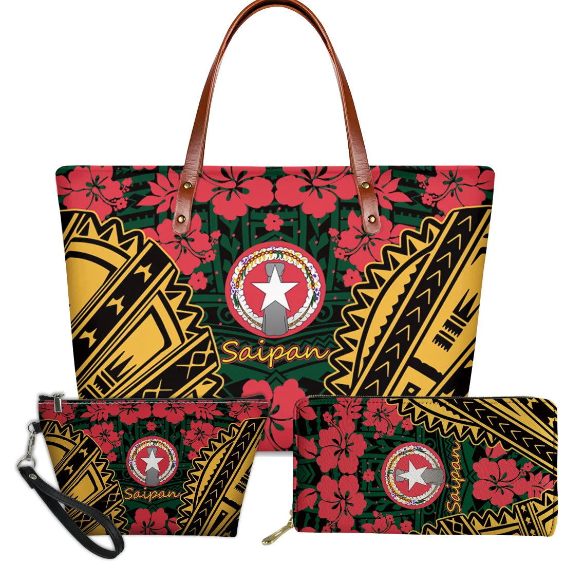 3pc Saipan Polynesian tribal handbag set with red hibiscus flowers, gold patterns, and brown leather-style straps.