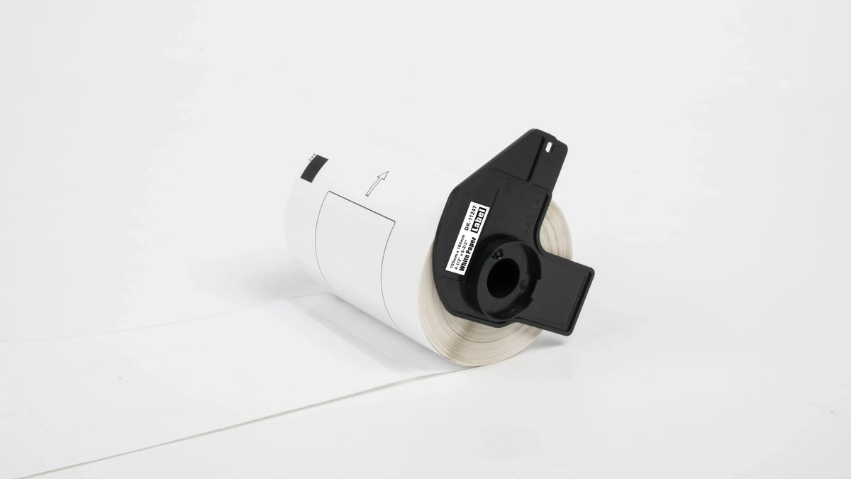 Thermal label roll tape cartridge, white roll with black side bracket and exposed backing