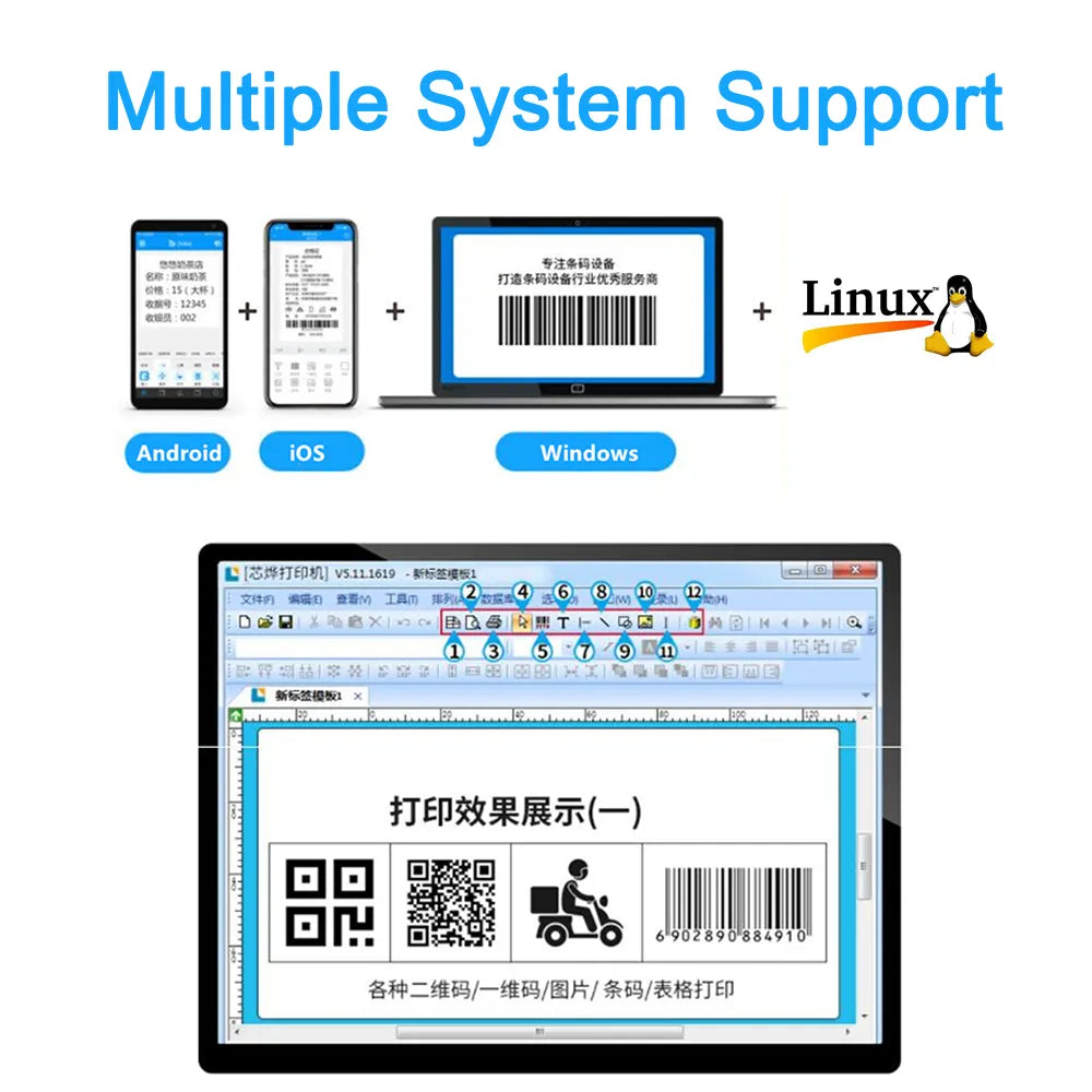 Black thermal printer connected to phone and computer for label printing