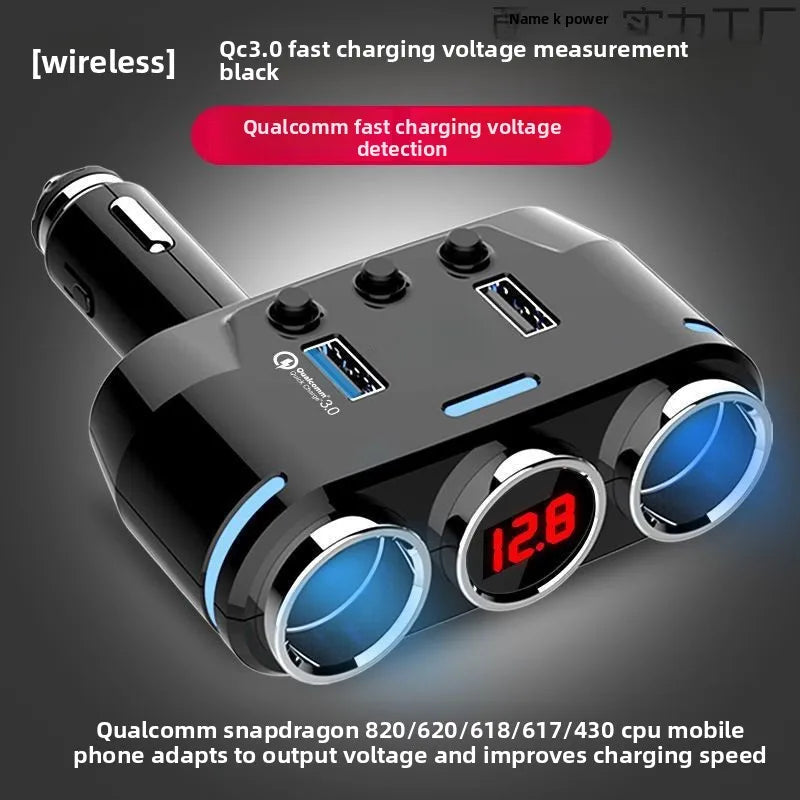 Multifunctional Car Charger USB Socket One-Touch Three-Cigarette Lighter 12-24V Voltage Monitoring Fast Charging for Cell Phones Tidesmit
