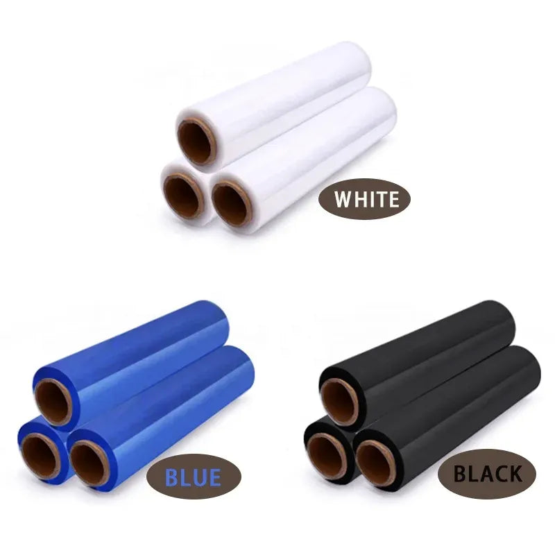 Color options of BOPP packaging tape rolls: white, blue, and black
