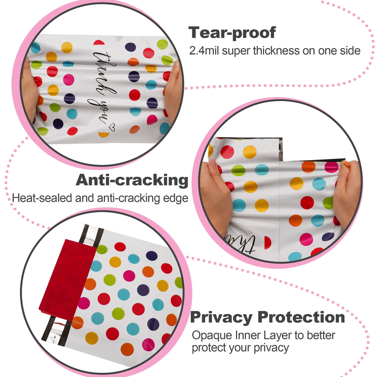 White polka-dot poly mailer with tear-proof sealed edges and privacy protection layers