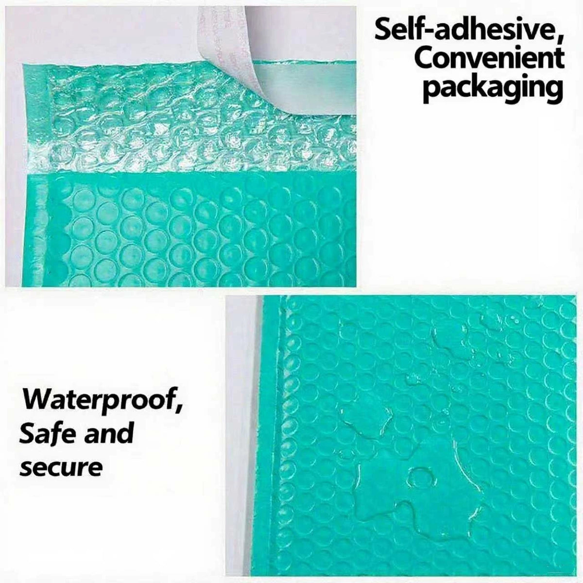 Teal bubble mailer bag detail with sealed flap and textured bubble protection