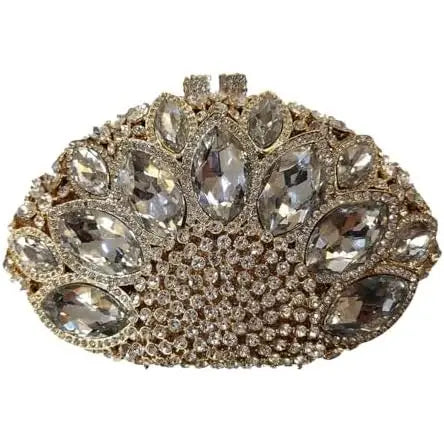 Gold luxury crystal evening clutch purse with large oval rhinestones and pave setting for formal cocktail events.