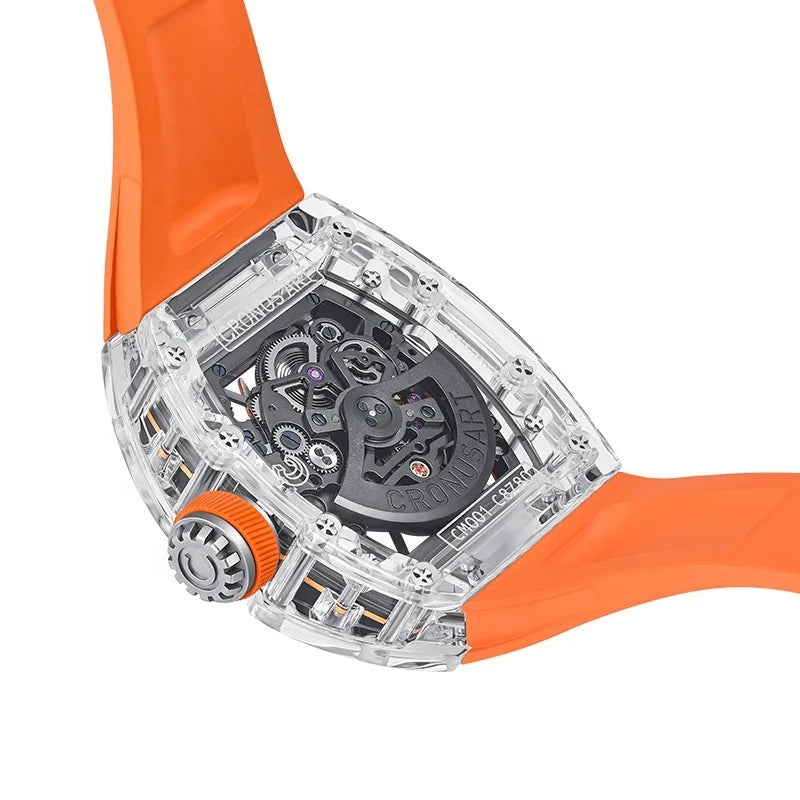 CRONUSART  Crystal Tonneau Men's Mechanical Watches with Transparent Luminous Dial and Spider Theme Design