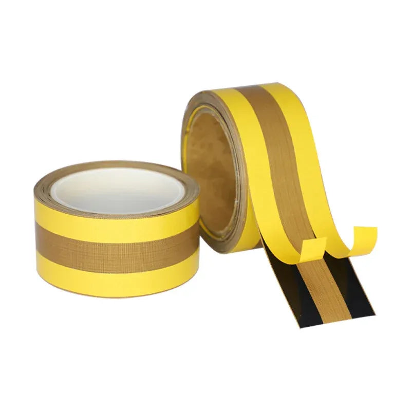 Yellow PTFE-coated cloth tape roll with brown backing strips