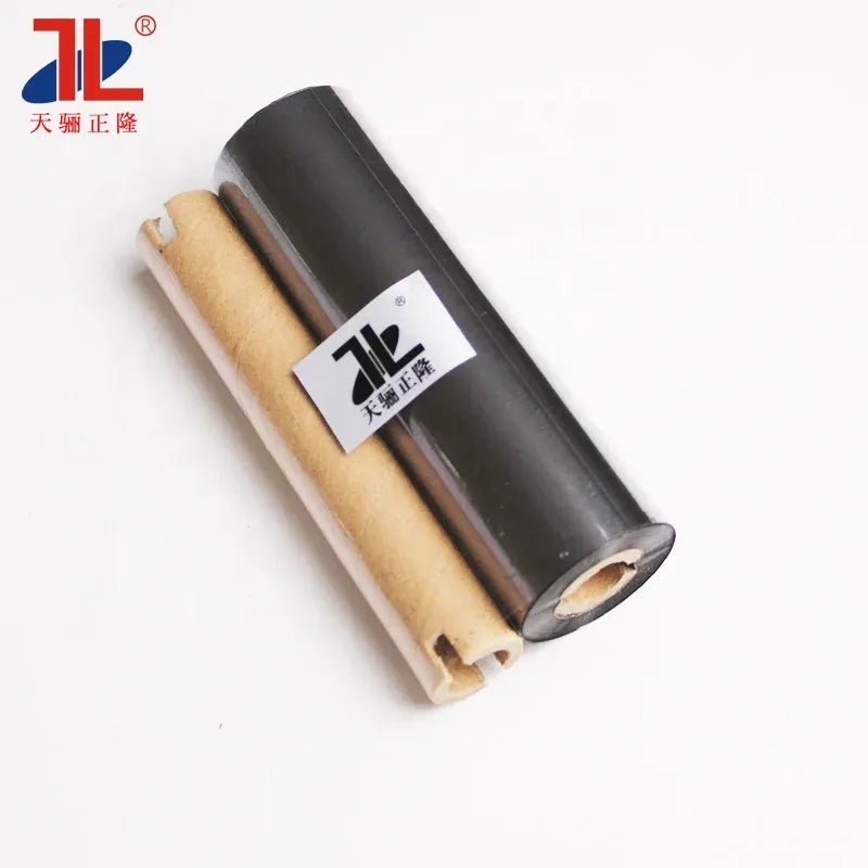 Thermal transfer ribbon rolls set, showing black outer film and inner beige layer.