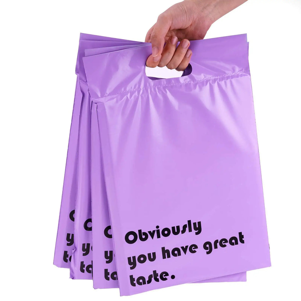 Lavender poly mailer bag stack with top handle cutout, “Obviously you have great taste” text.