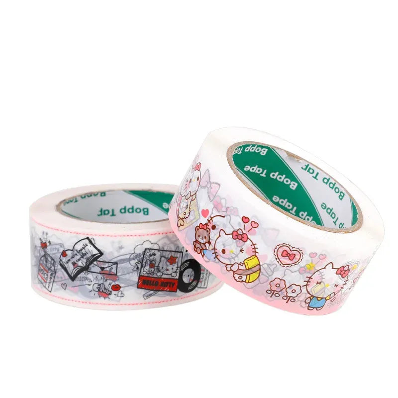 Hello Kitty printed adhesive tape rolls, clear white tape with hearts and small cartoon icons