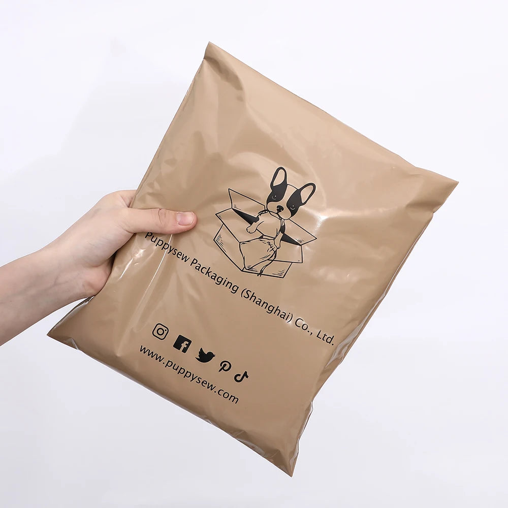 Brown poly mailer shipping bag with printed logo and self-seal flap