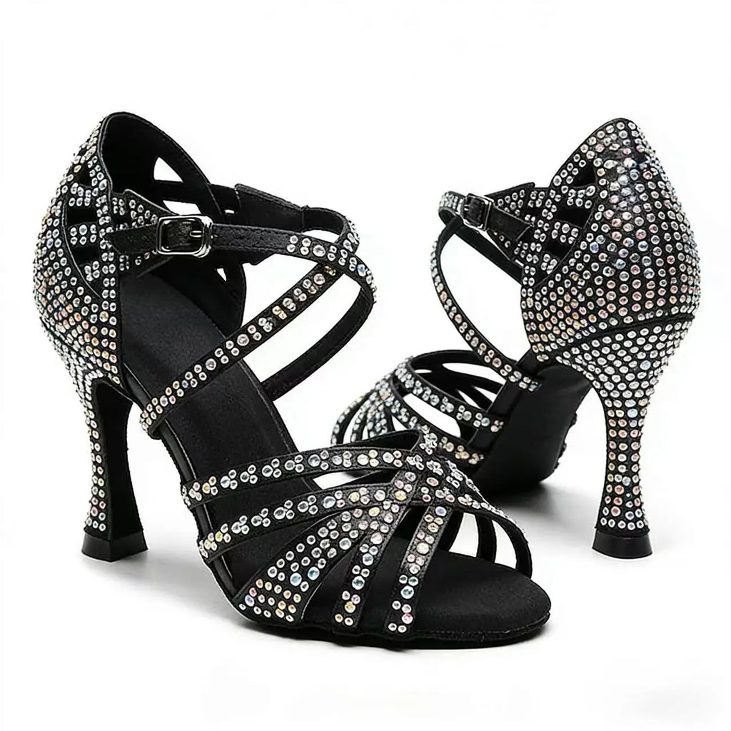 Women Rhinestones Salsa Latin Shoes Cha Cha Satin Dance Shoes Ballroom Swing Party Stage Sandals with Suede Sole for Indoor