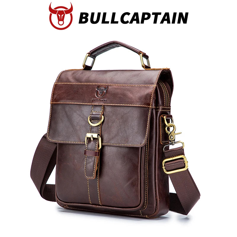 BULLCAPTAIN vintage brown genuine leather messenger bag with handle, buckle flap, and adjustable shoulder strap.